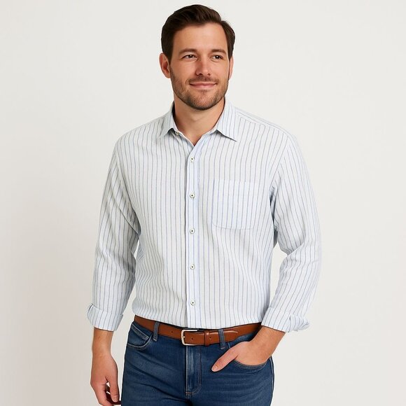 Tommy Bahama Jeans Mens Island Modern Fit Shirt White Blue Stripe Size L - Picture 1 of 10
